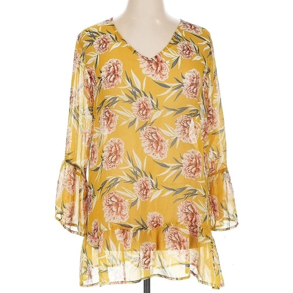 crosstree Tops - Crosstree Lane Mustard Floral Print Sheer Tunic Blouse Women’s Medium